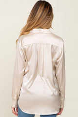 Beige Satin Button Down Long Sleeve Maternity Top