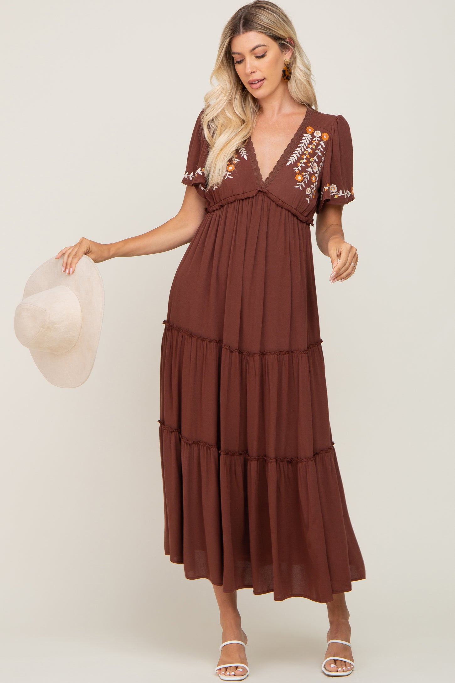 Brown Embroidered Tiered Maternity Maxi Dress Medium Brown Embroidered Tiered Maternity Maxi Dress Medium