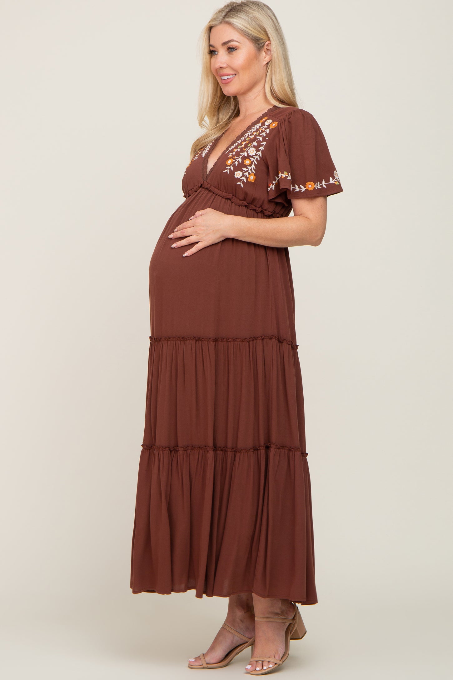 Brown Embroidered Tiered Maternity Maxi Dress – PinkBlush