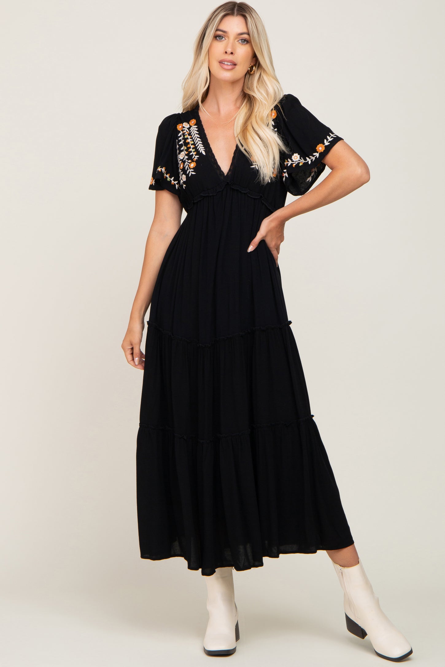Black Embroidered Tiered Maxi Dress PinkBlush