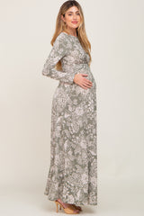 Sage Floral Twist Long Sleeve Maternity Maxi Dress