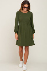 Olive Terry Knit Long Sleeve Dress