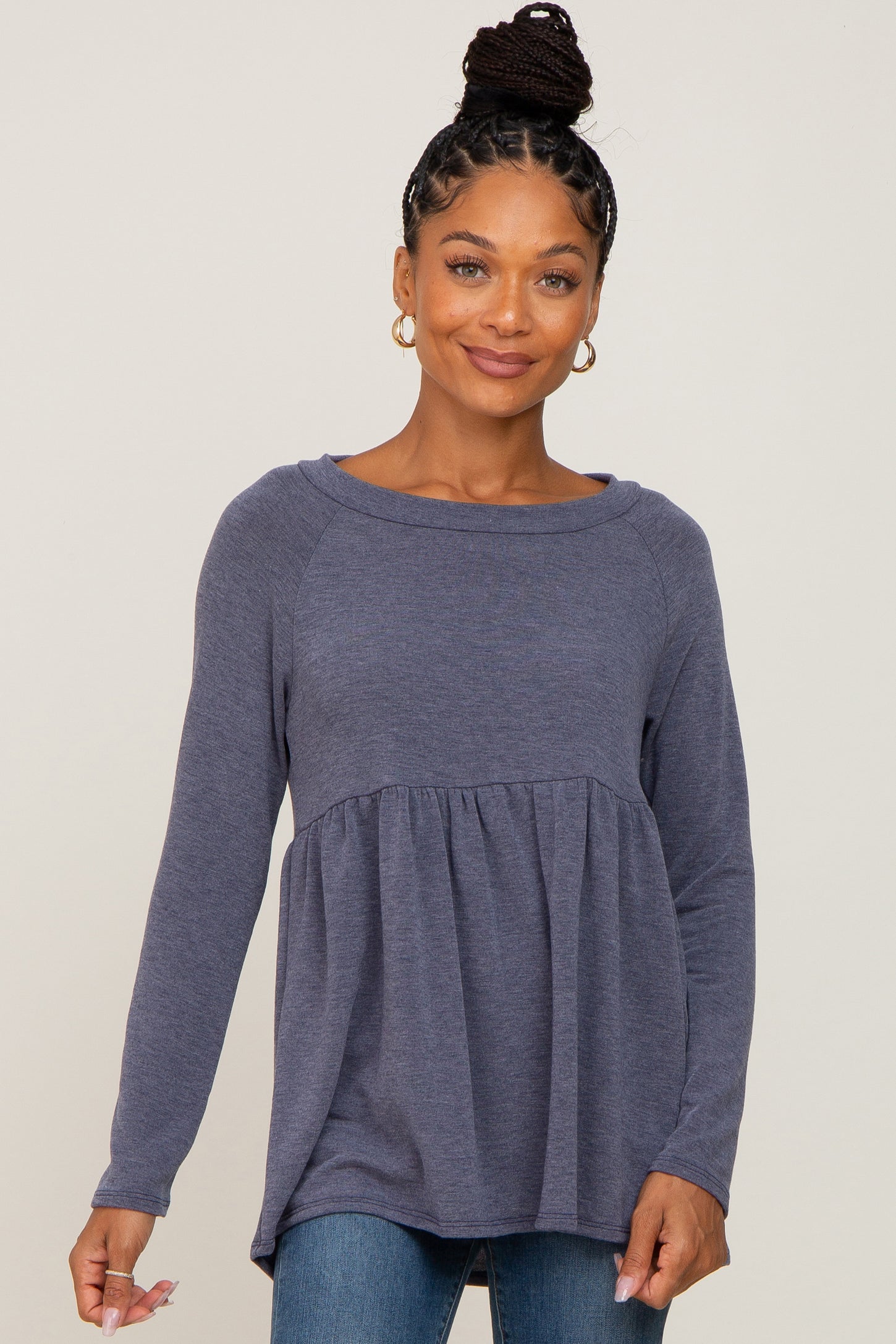 Navy Brushed Knit Long Sleeve Peplum Maternity Top PinkBlush