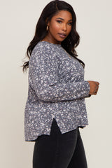 Navy Floral Side Slit Plus Long Sleeve Top