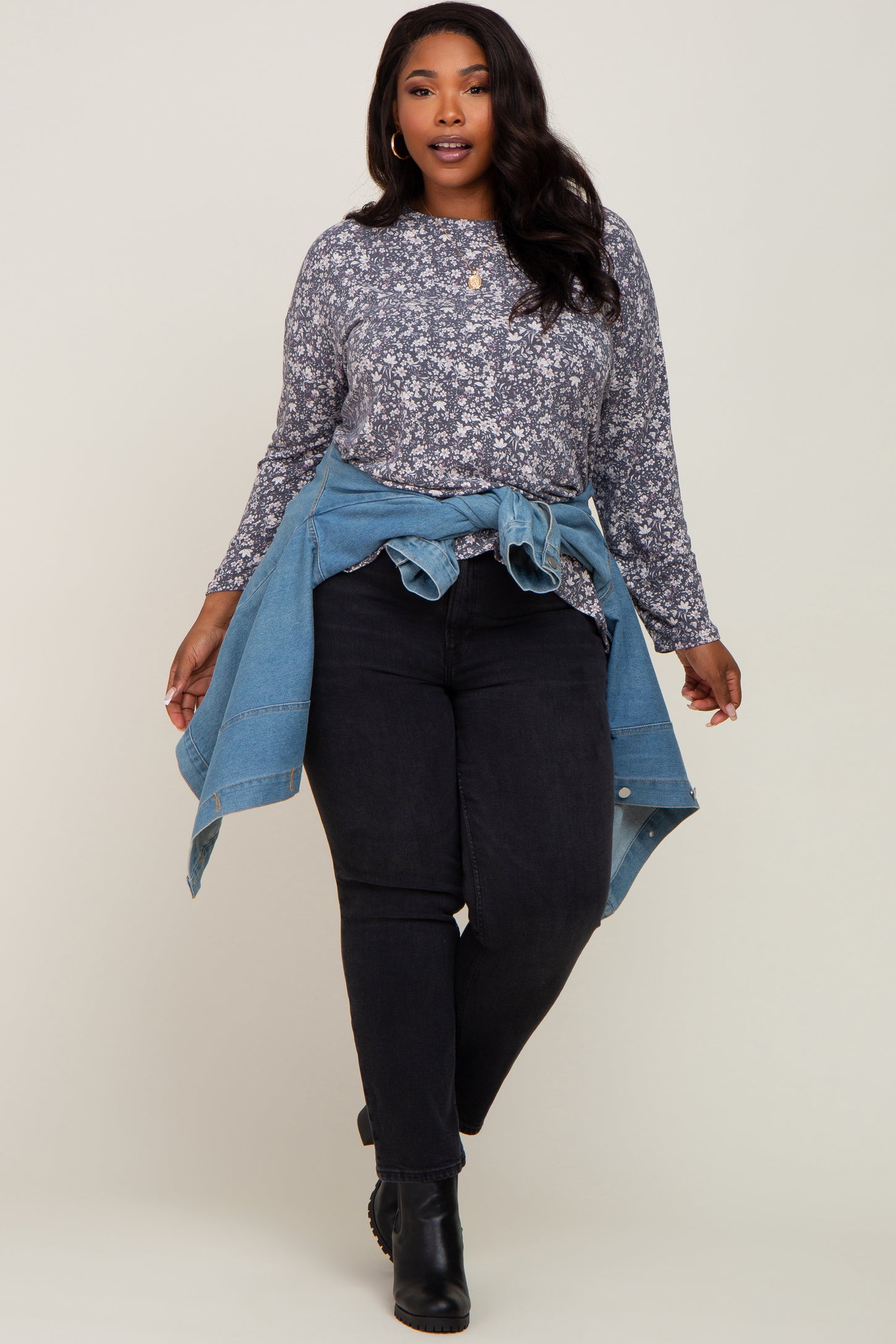 Navy Floral Side Slit Plus Long Sleeve Top