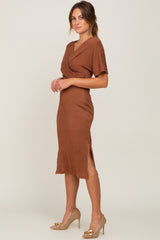 Brown Cable Knit Front Twist Midi Dress