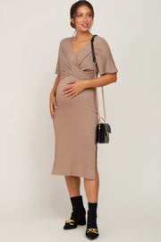 Mocha Cable Knit Front Twist Maternity Midi Dress