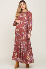 Burgundy Floral Tiered Maternity Maxi Dress