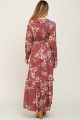 Burgundy Floral Tiered Maternity Maxi Dress