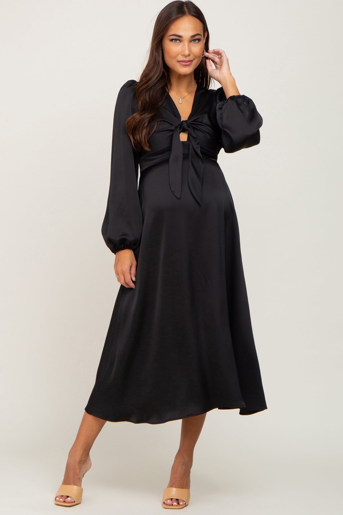 Black Satin Tie Front Cutout Maternity Midi Dress – PinkBlush