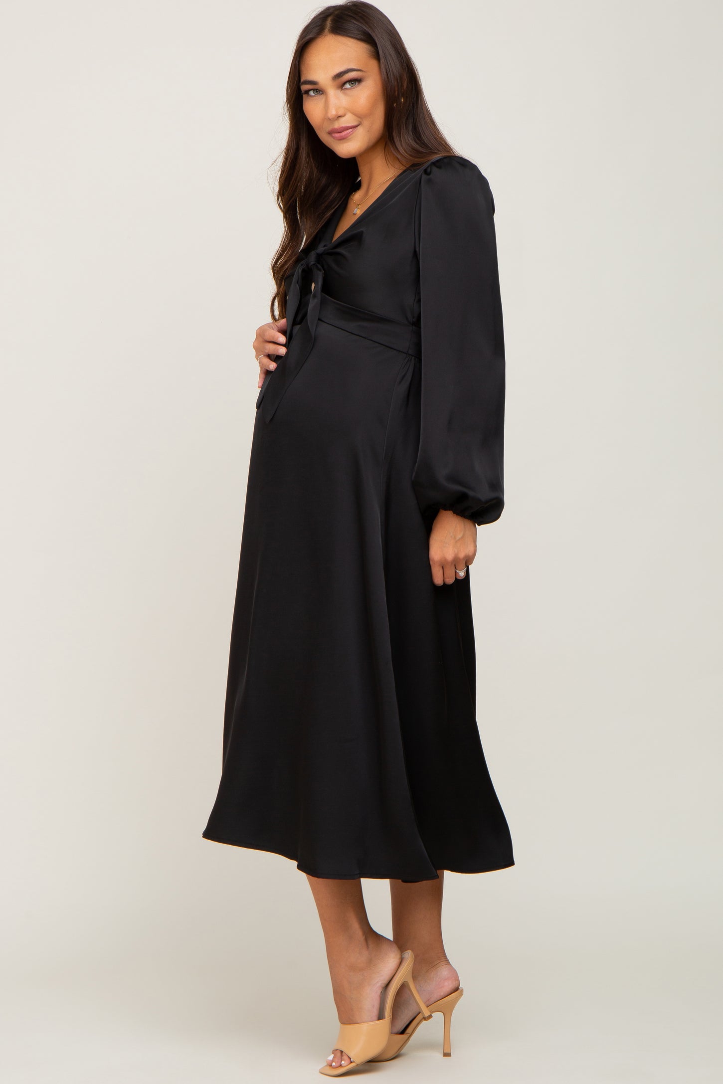 Black Satin Tie Front Cutout Maternity Midi Dress
