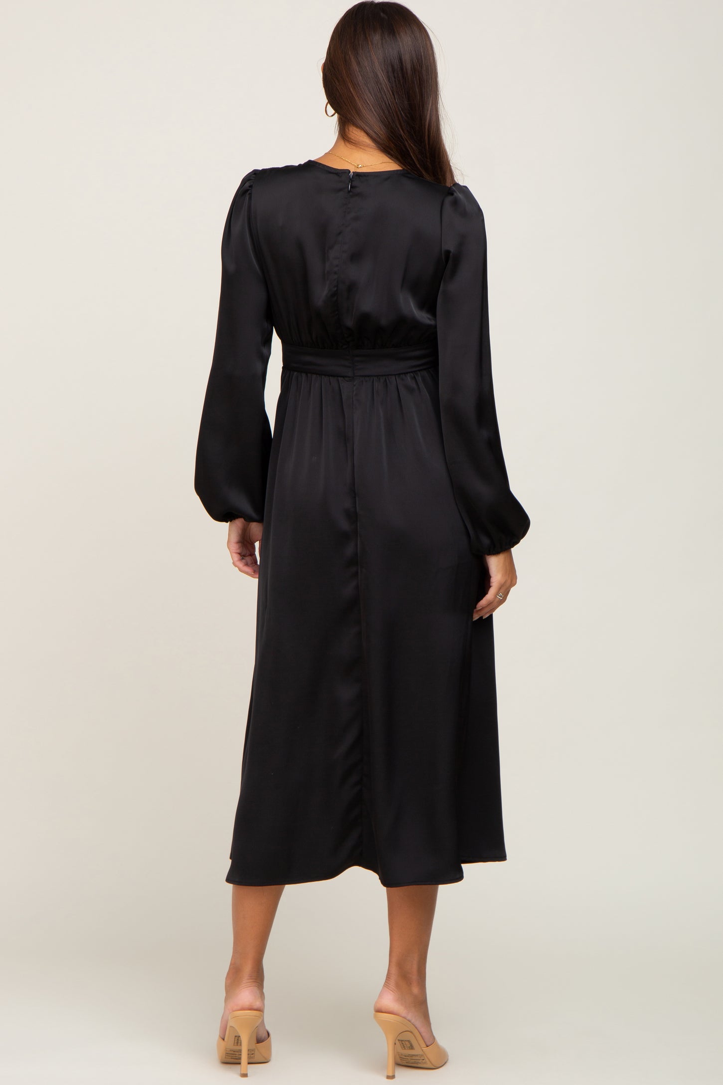 Black Satin Tie Front Cutout Maternity Midi Dress