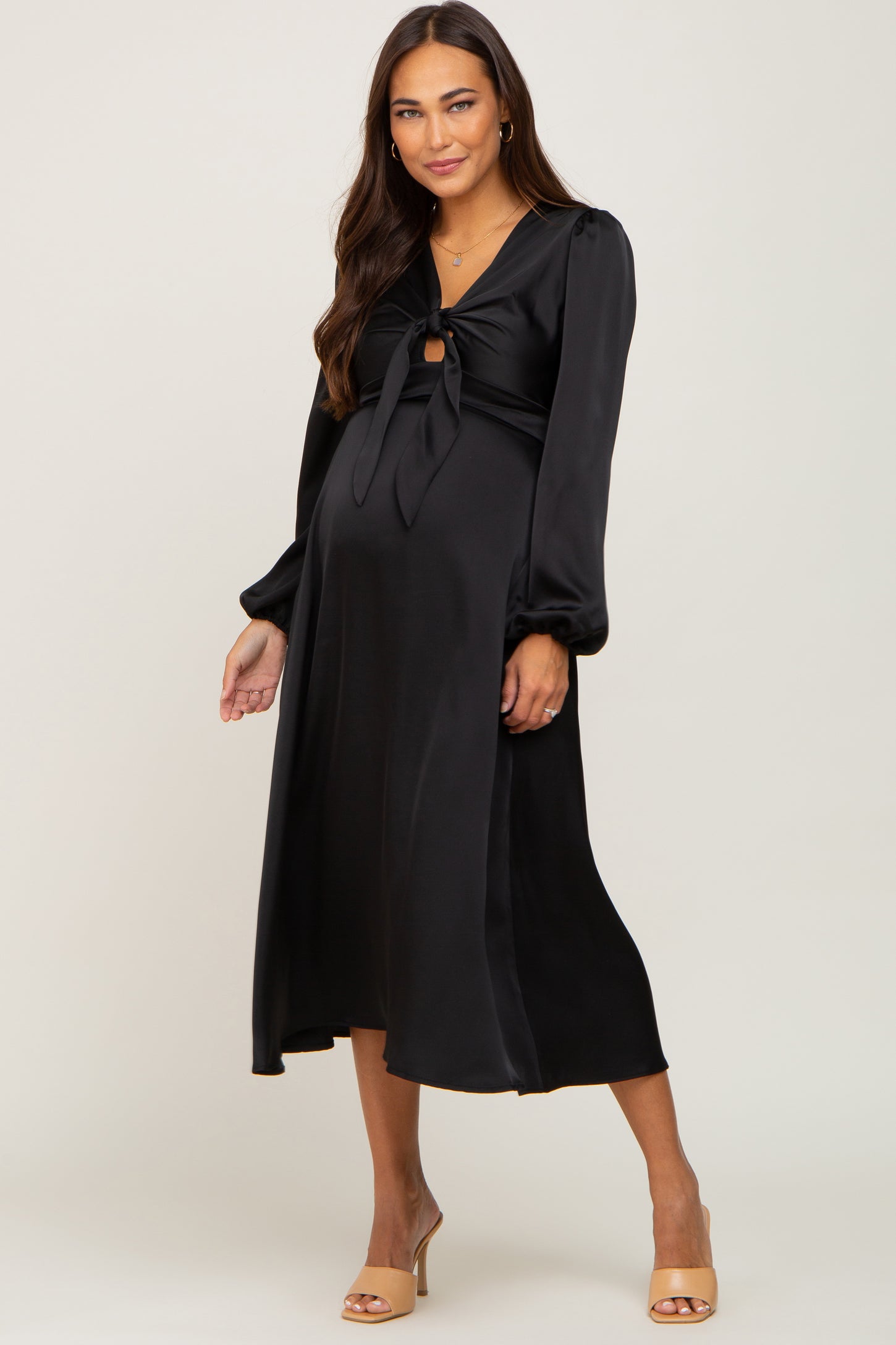 Black Satin Tie Front Cutout Maternity Midi Dress – PinkBlush Black Satin Tie Front Cutout Maternity Midi Dress – PinkBlush