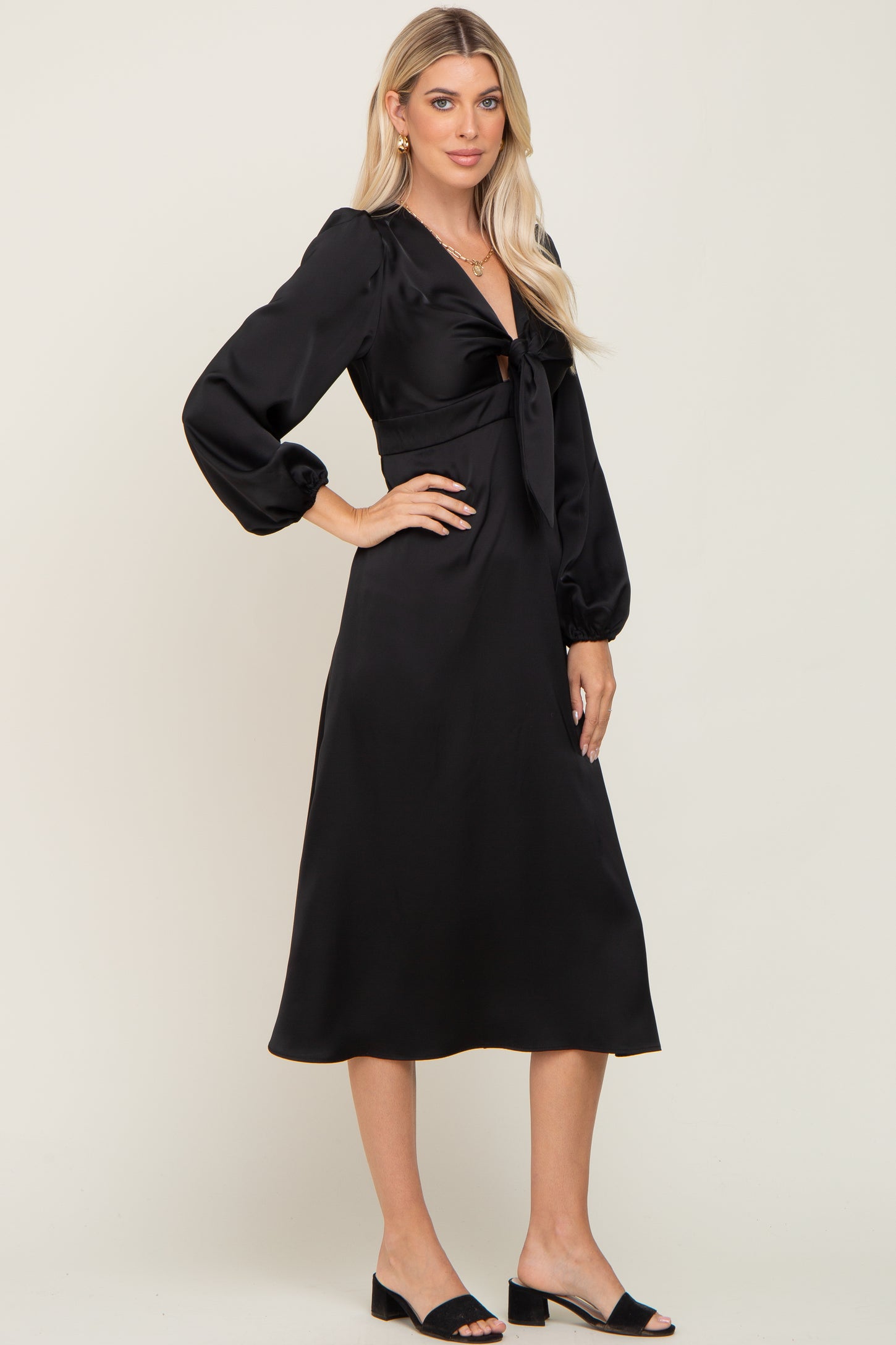 Black Satin Tie Front Cutout Midi Dress PinkBlush Black Satin Tie Front Cutout Midi Dress PinkBlush