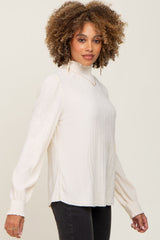 Ivory Velvet Pleated Mock Neck Blouse