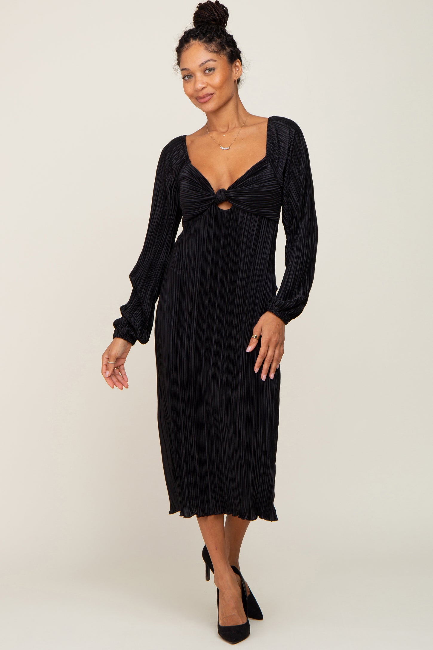 Black Pleated Front Cutout Back Tie Midi Dress Small Black Pleated Front Cutout Back Tie Midi Dress Small
