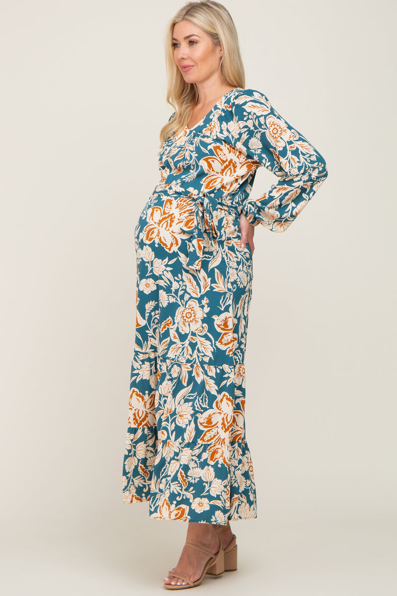 Teal Floral V-Neck Maternity Midi Dress– PinkBlush