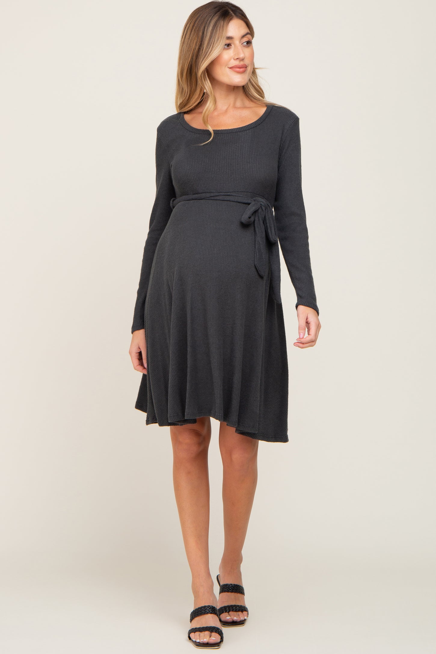 Charcoal Soft Rib Knit Sash Tie Maternity Dress– PinkBlush