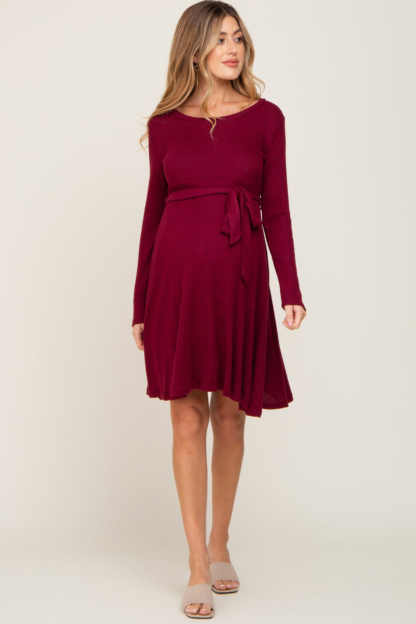 Burgundy Soft Rib Knit Sash Tie Maternity Dress– PinkBlush