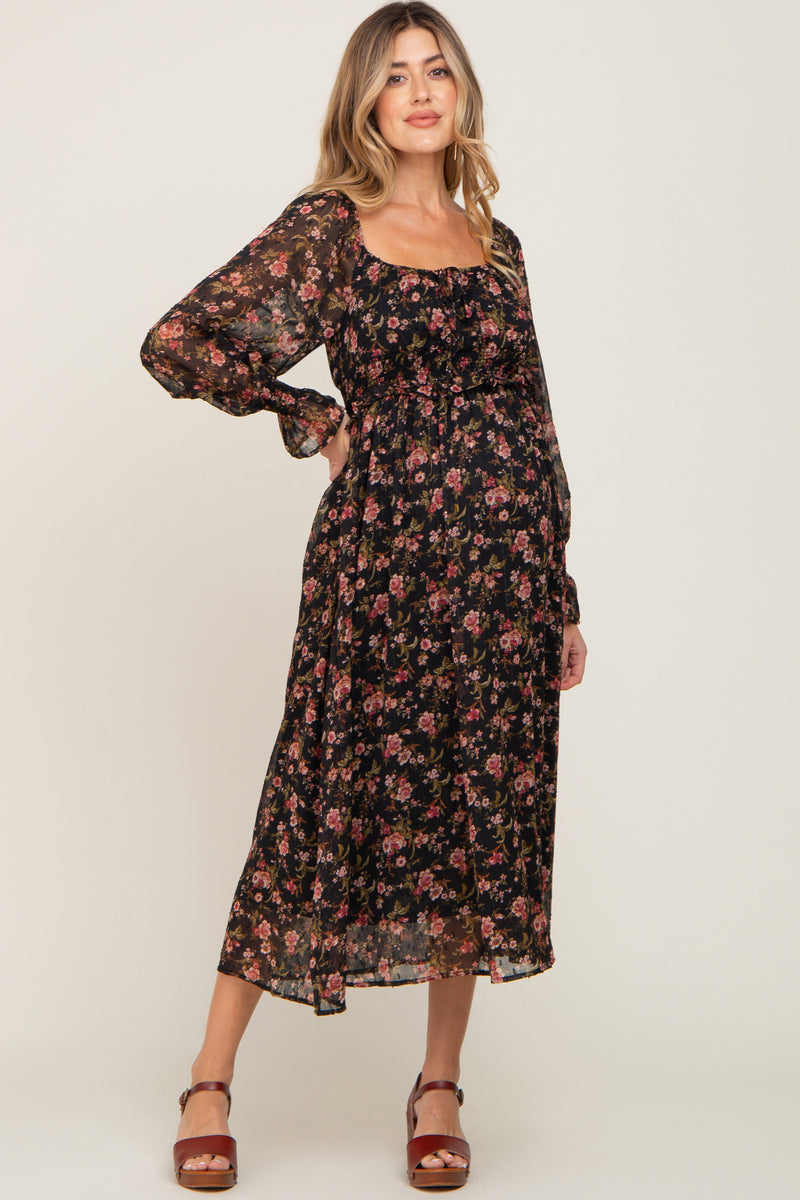 Black Floral Smocked Short Sleeve Maternity Midi Dress