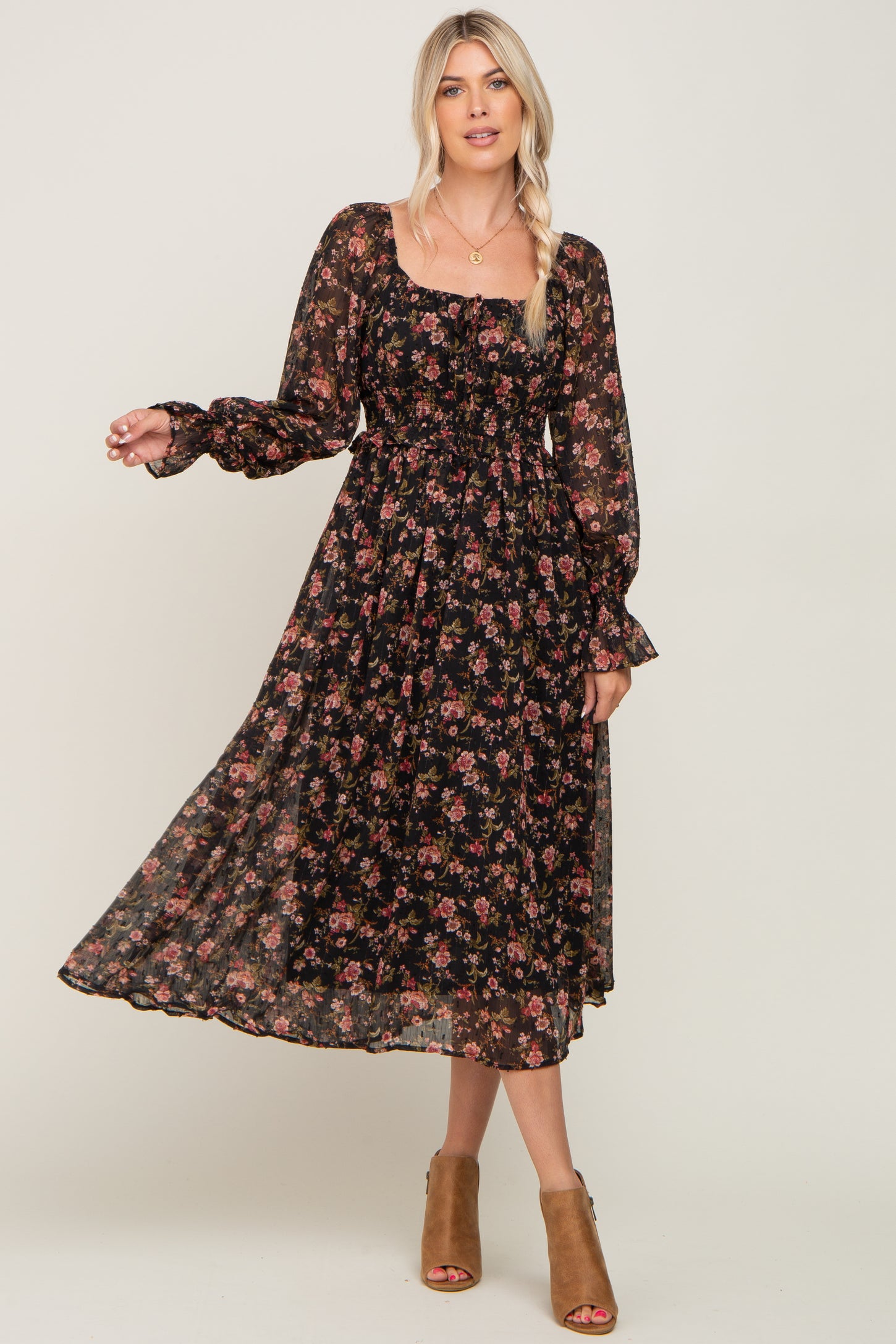 black floral chiffon dress Black Floral Chiffon Smocked Waist Midi Dress Small