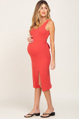 Coral Ribbed Back Cutout Maternity Midi Dress