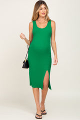 Green Ribbed Back Cutout Maternity Midi Dress
