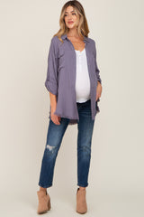 Charcoal Button Up Collared Fringe Hem Maternity Top