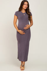 Charcoal Short Sleeve Side Slit Maternity Maxi Dress
