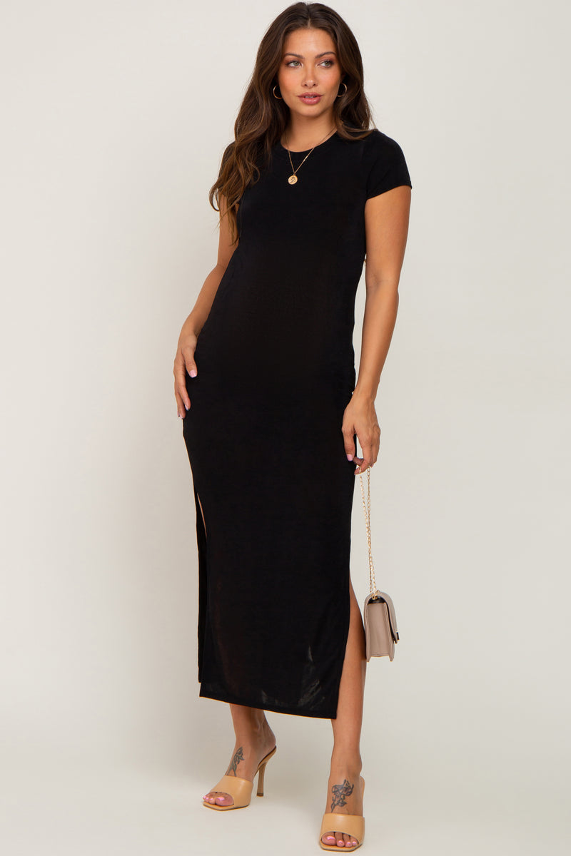 Black Short Sleeve Side Slit Maternity Maxi Dress– PinkBlush