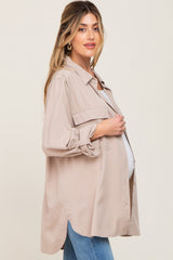 Beige Oversized Maternity Button Down Blouse