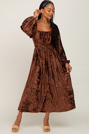 Brown Velvet Pleated Midi Dress