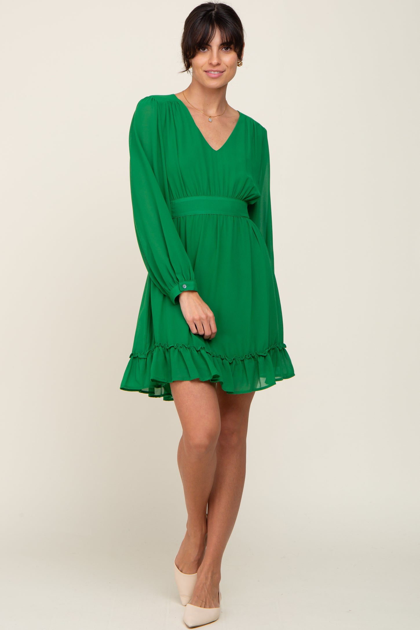 green chiffon short dress V Neck Emerald Green Chiffon Short Party Dress
