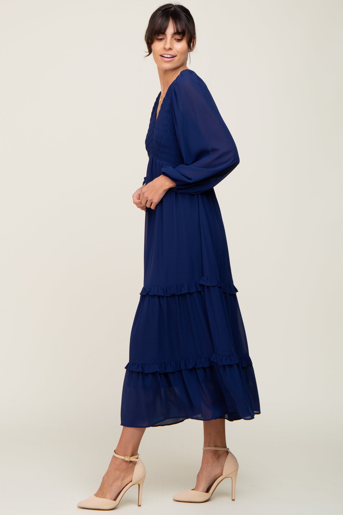 Navy Blue Smocked Tiered Dress