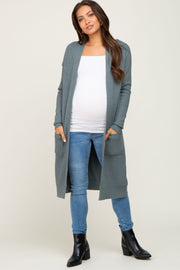 Olive Open Front Long Maternity Cardigan
