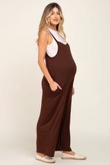 Brown Sleeveless Pocketed Wide Leg Maternity Jumpsuit