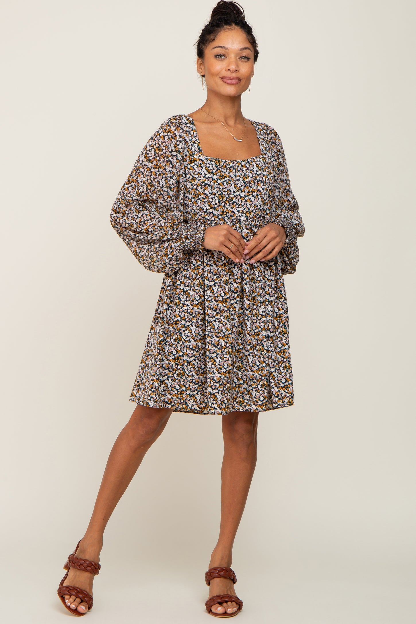 chiffon balloon sleeve dress Balloon Sleeve Pleated Flowing Floral Chiffon A-line Wedding Dress
