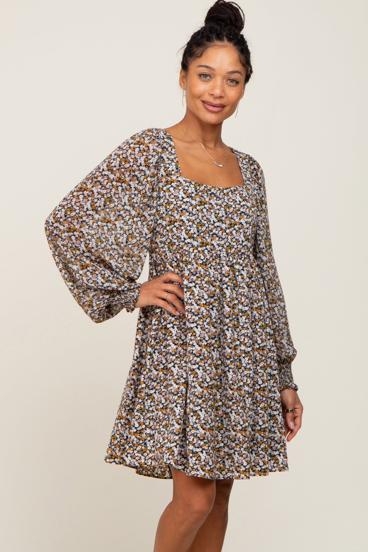 Black Floral Chiffon Balloon Sleeve Maternity Dress – PinkBlush
