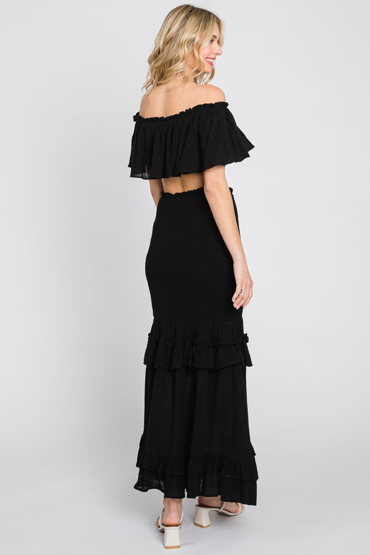 Black Linen Off Shoulder Top and Smocked Tiered Skirt Set PinkBlush Black Linen Off Shoulder Top and Smocked Tiered Skirt Set PinkBlush