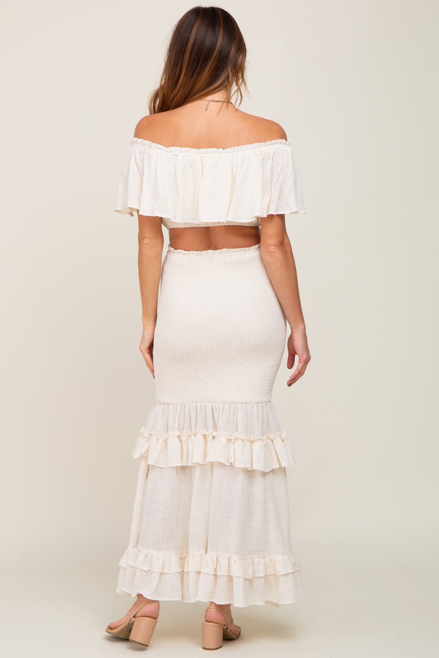 smocked white off the shoulder top