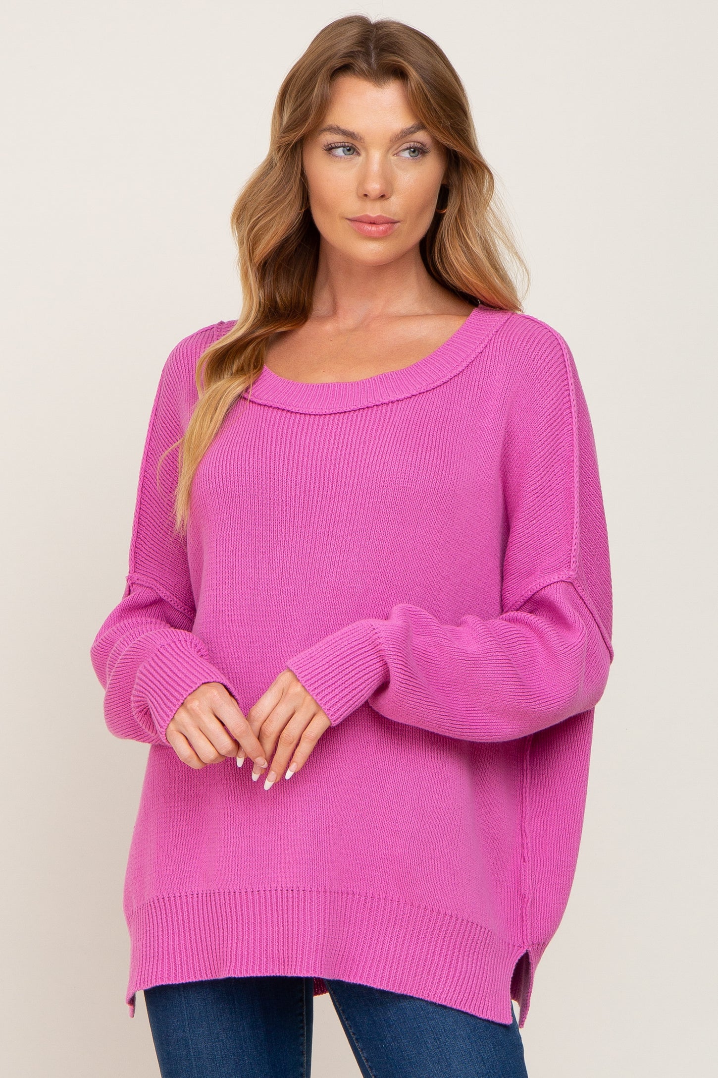 Magenta Exposed Seam Side Slit Sweater