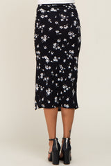 Black Floral Cinched Side Midi Skirt