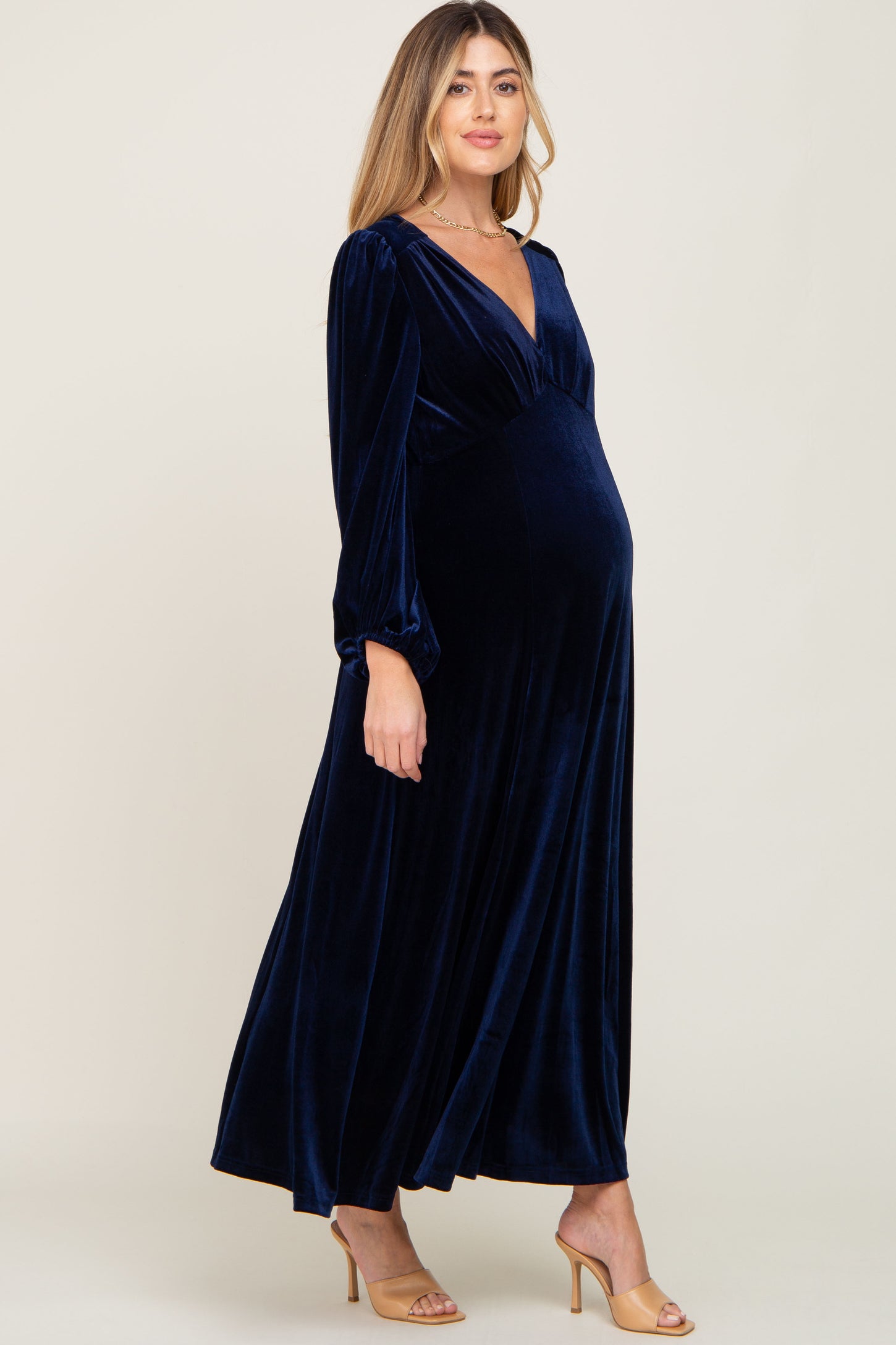 Navy Velvet Maternity Midi Dress
