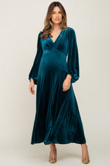 Teal Velvet Maternity Midi Dress
