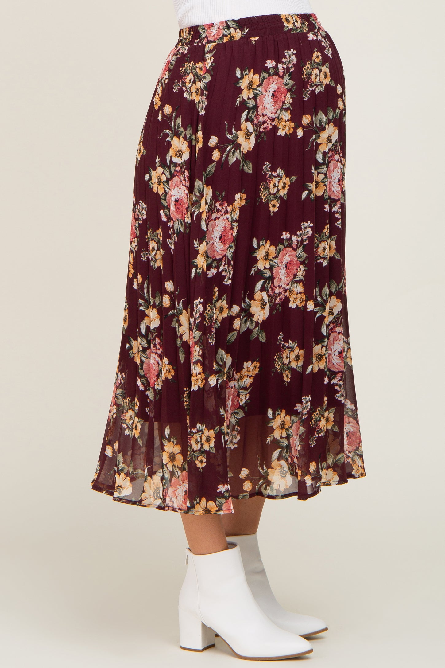 Burgundy Floral Chiffon Pleated Maternity Skirt