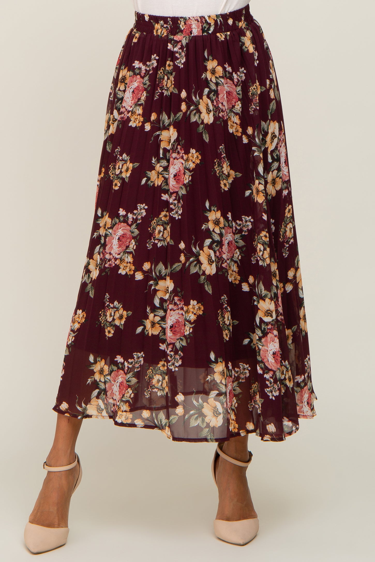 Burgundy Floral Chiffon Pleated Skirt