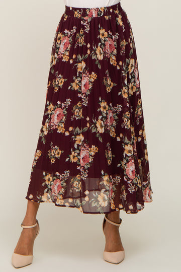 Burgundy Floral Chiffon Pleated Skirt