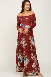 Burgundy Floral Off Shoulder Long Sleeve Maternity Maxi Dress