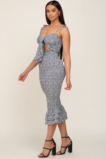 Black Floral Knot Front Smocked Midi Dress