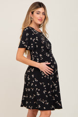 Black Floral Short Sleeve Maternity Dress